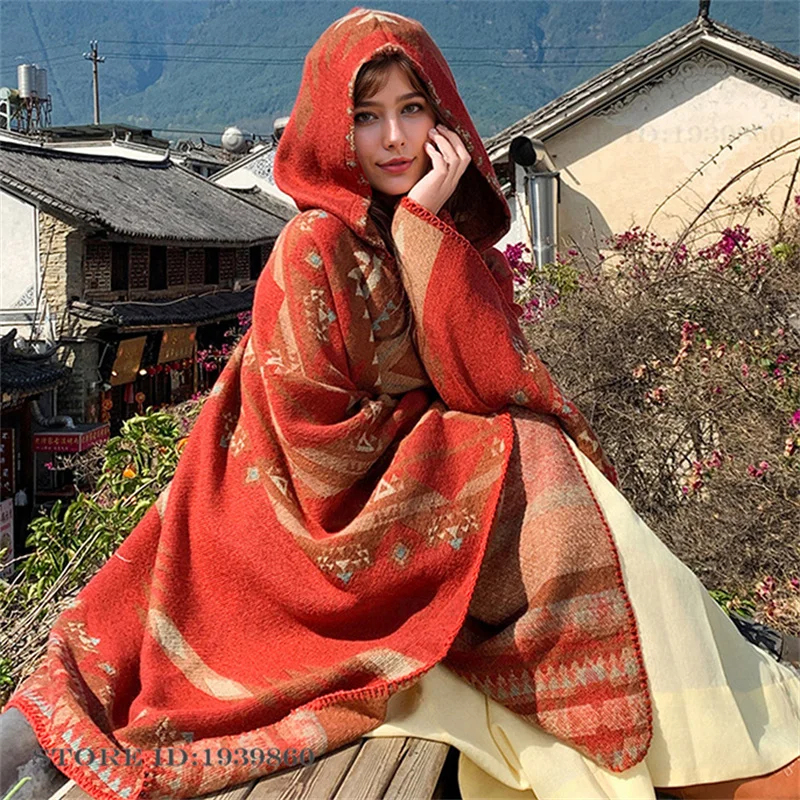 Woven Scarf Blanket - ผ้าคลุมไหล่แบบมีฮู้ด ผ้าพันคอ อุ่นสบาย เสื้อคลุมท่องเที่ยวแบบใหม่ แจ็คเก็ตพิมพ์ลายแจ็คการ์ด เสื้อคลุมโปงโชสำหรับผู้ใหญ่
