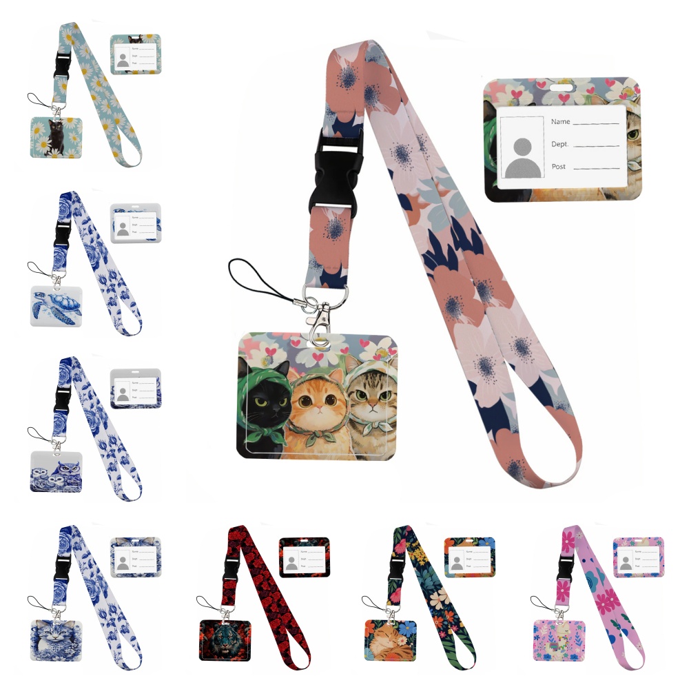 Lanyard Badge Holder - สายคล้องคอพิมพ์ลายริบบิ้นรูปสัตว์เล็กในดอกไม้ สำหรับใส่บัตรประจำตัว โทรศัพท์ สายคล้องโทรศัพท์ สายคล้องคอสำหรับนักเรียน ที่ใส่บัตร